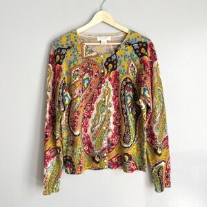 Peck & Peck 2 Ply Cashmere Paisley Cardigan Sweater Button Front Colorful XL